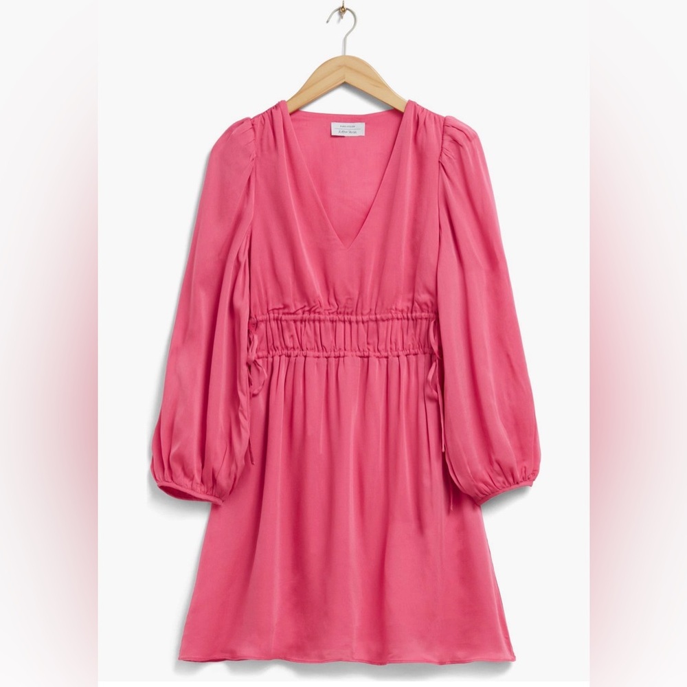 & OTHER STORIES Hot Pink V-Neck Drawstring Waist Mini Dress